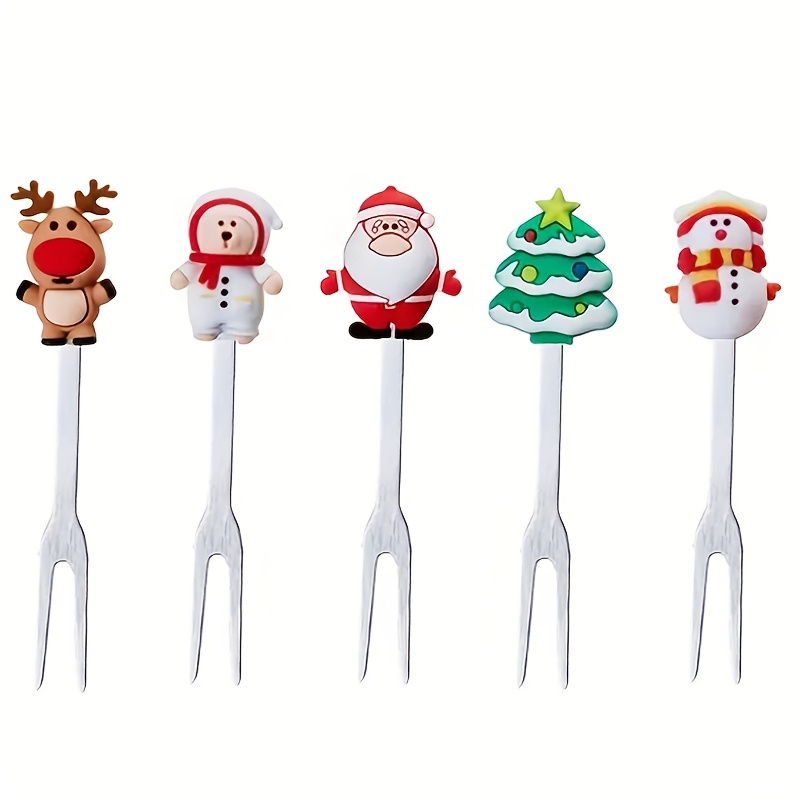 

5/10pcs Pattern Silicone Handle Fruit Forks, Stainless Steel Dessert Fruit Fork Set, Mini Cute Salad Fork Tableware, Party Tableware, Tree Season Snowman Deer Gift