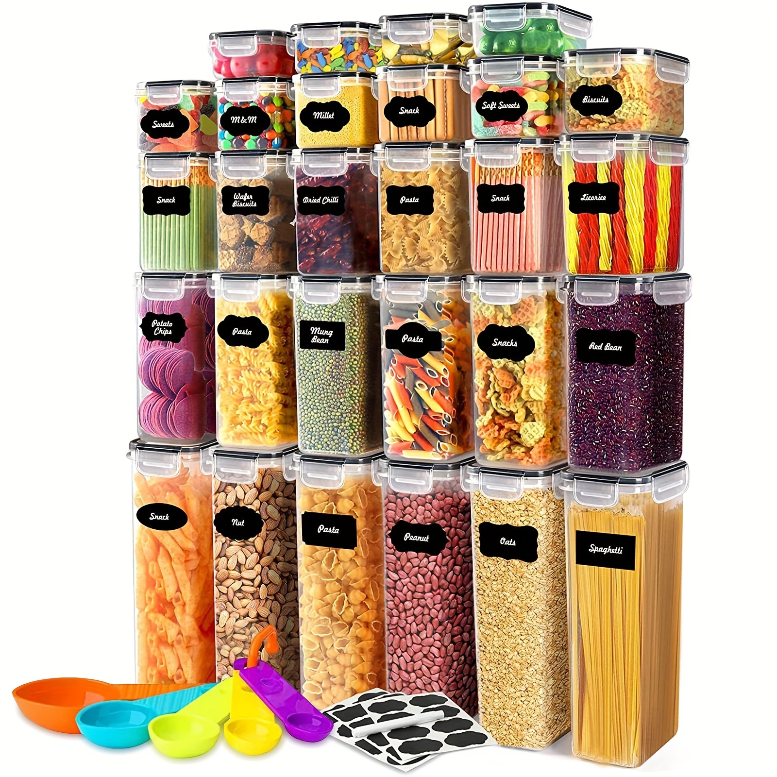 56pcs plastic kitchen and pantry storage jars sealed food storage containers with lids 28 lids 28 boxes for cereals dry food flour and sugar bpa free contains 24 labels black details 1