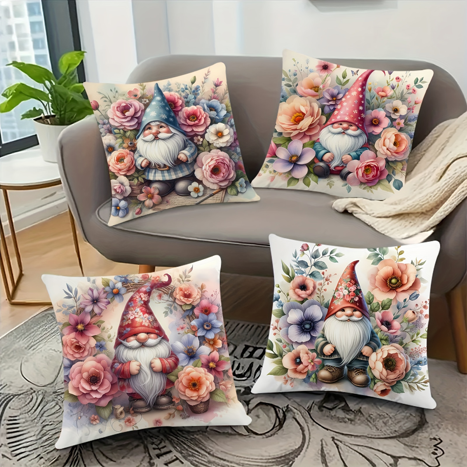 

4pcs Contemporary Gnome Floral Microfiber Throw Pillow Covers, Machine Washable, Decorative Cushion Cases With Zipper Closure, Woven Pillowcases For Home Sofa Bedroom Decor, 18x18 Inches