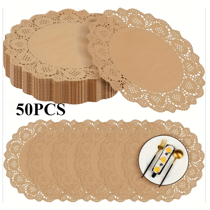 Image of 50 Disposable Brown Cow Paper Placemats - 34. Wavy Edge Lace Floral Pattern, High-quality Machine-made Wedding Party Table Mats, Suitable For Banquet Elegant Wedding Tablecloth Set