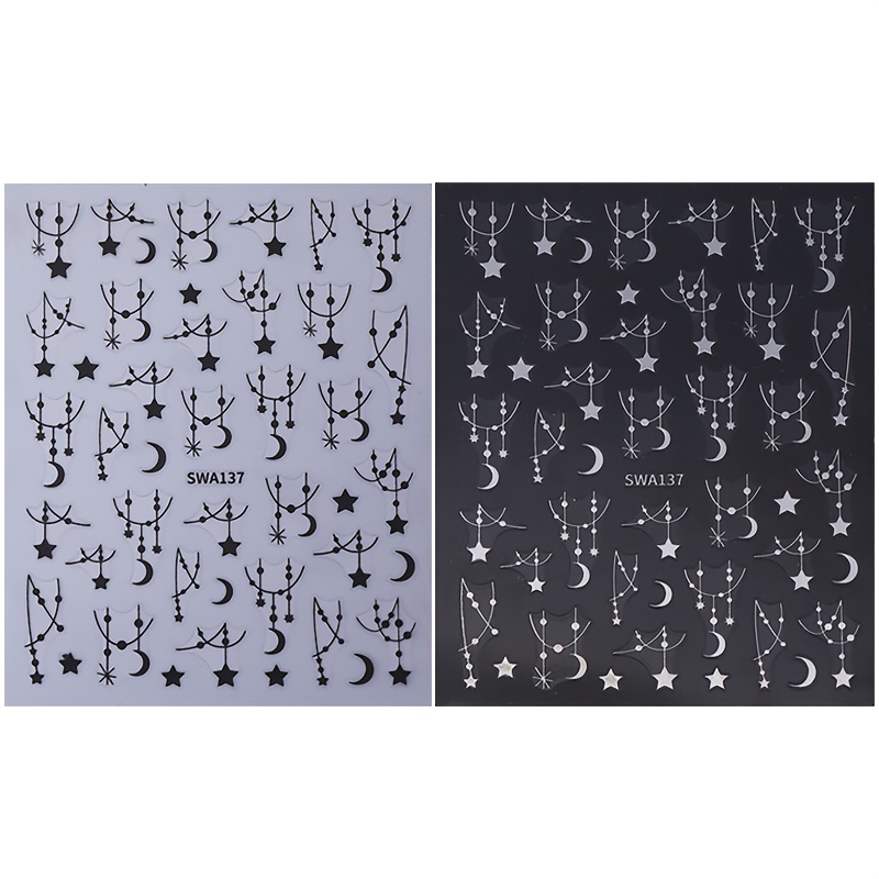 2 Sheets Bohemian Style Nail Art Stickers, Silvery Black Star And Chain Pattern Self-adhesive Nail Decals, Diy Nail Salon Nail Art Decoration, Y2k Nail Supplies