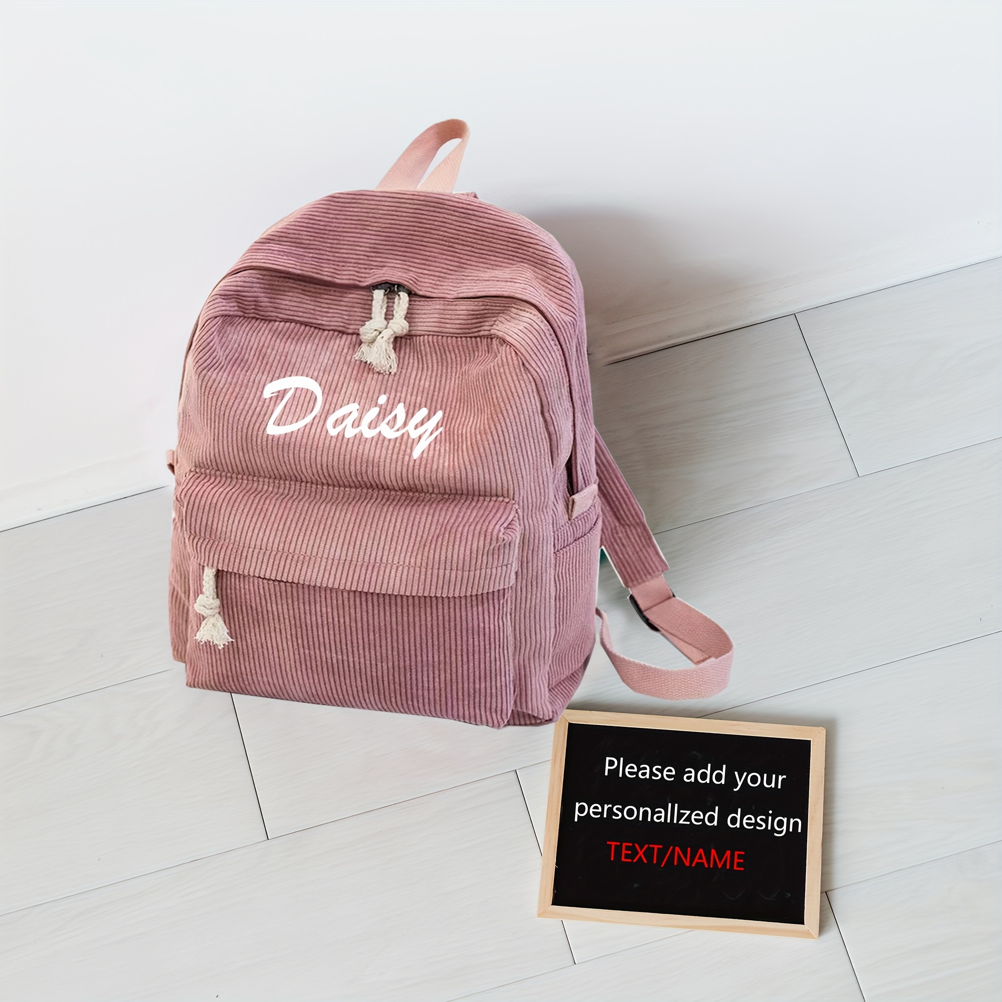 JINMA Personalized Corduroy Backpack - Custom Embroidered Name Bag With Floral Details
