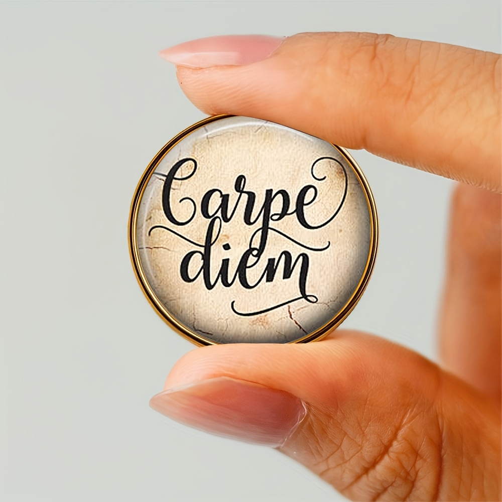 Vintage 'Carpe Diem' Round Brooch Pin, Classic Brown