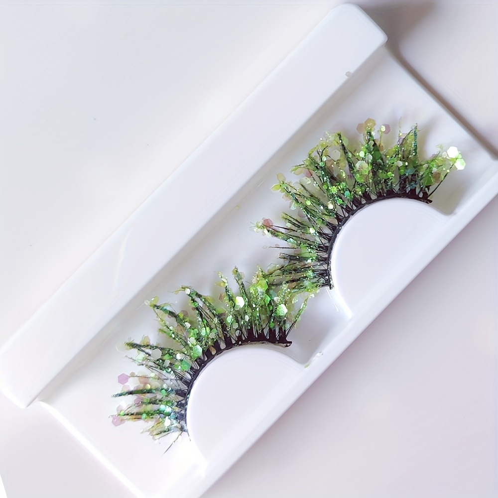 Image of 1 Pair, Glitter False Eyelashes Sequin Fluffy C Lashes 25mm 3d False Eyelashes Glitter Diamond Thick Lashes For Natural Makeup, Stage Makeup, False Eyelash For Halloween Christmas Party Use