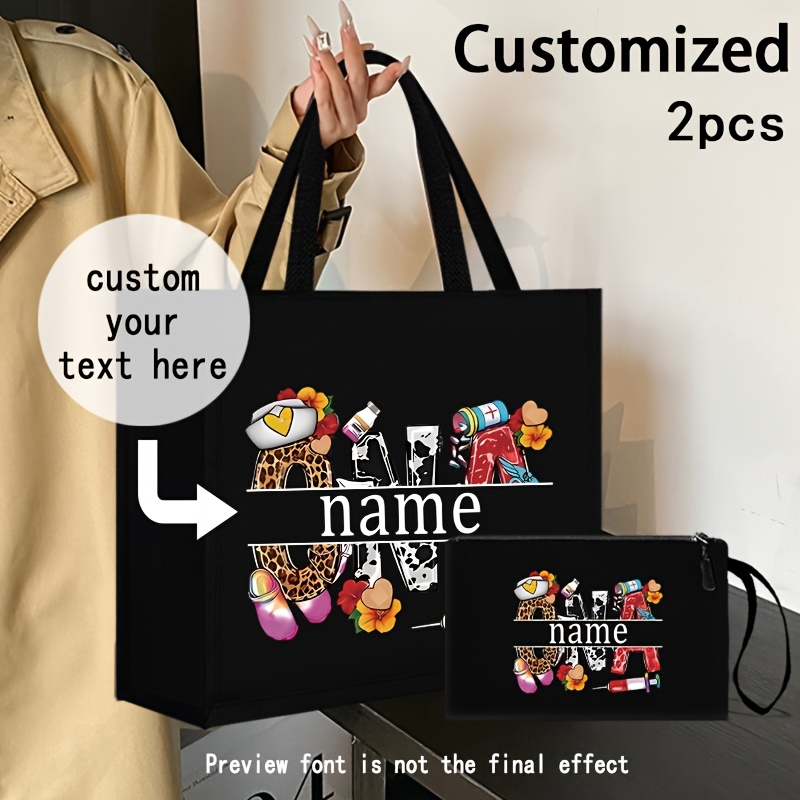 

Custom 2pcs Set: Chic Linen Tote & Matching Makeup Bag - Large Capacity, Fashionable Cna Theme Print - Students & Professionals