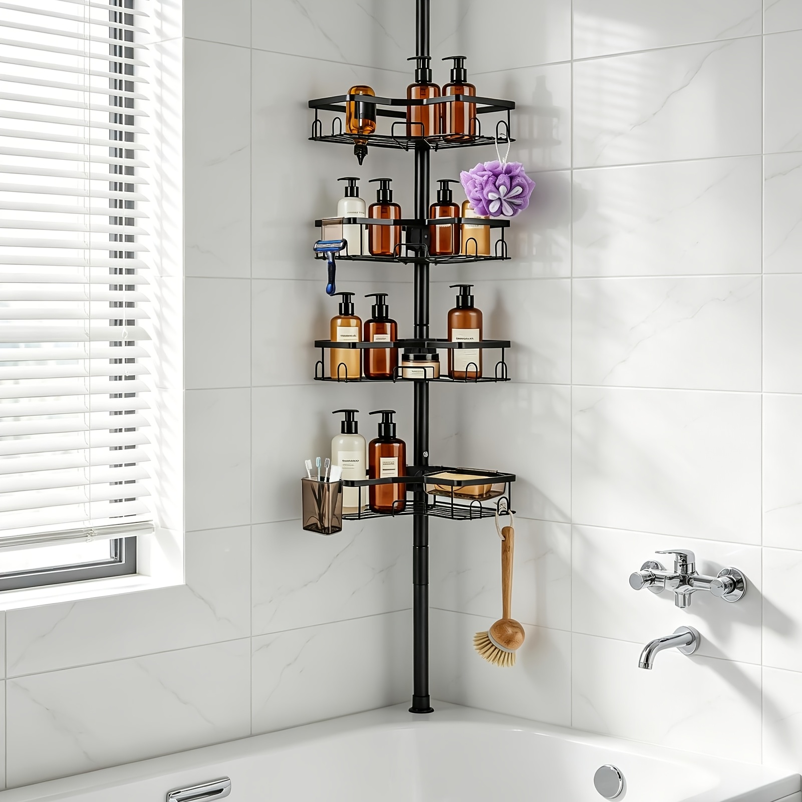 Image of 85 - 316cm. Four-layer Carbon Steel Bathroom Storage Rack Without Holes. For The Bathroom. Corner Storage. Adjustable Height.