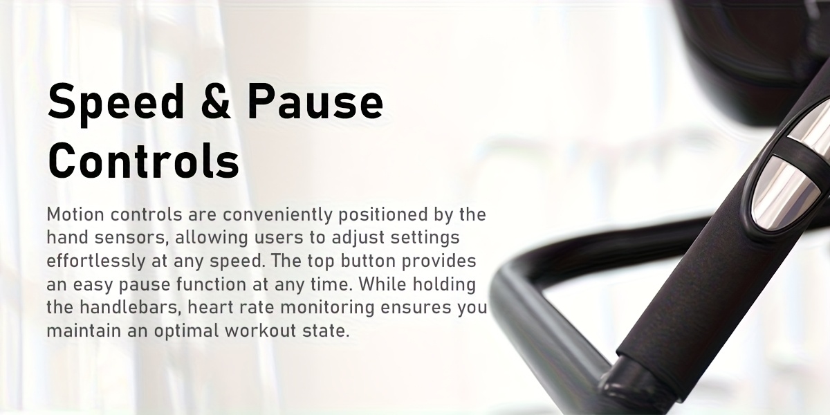 Close-up of a handle of a stair limber machine with text on speed and pause controls