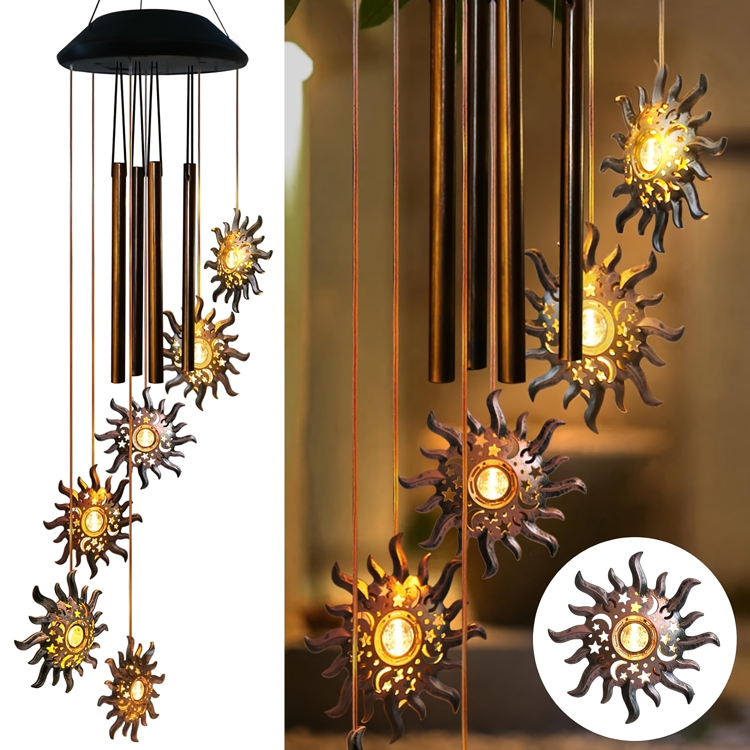 TEMU Solar Wind Chimes With Design, 6 Led Lights Outdoor Hanging Decor, Solar Powered Windchime For Patio Garden, Warm Fairy Lights, Mom Gift For