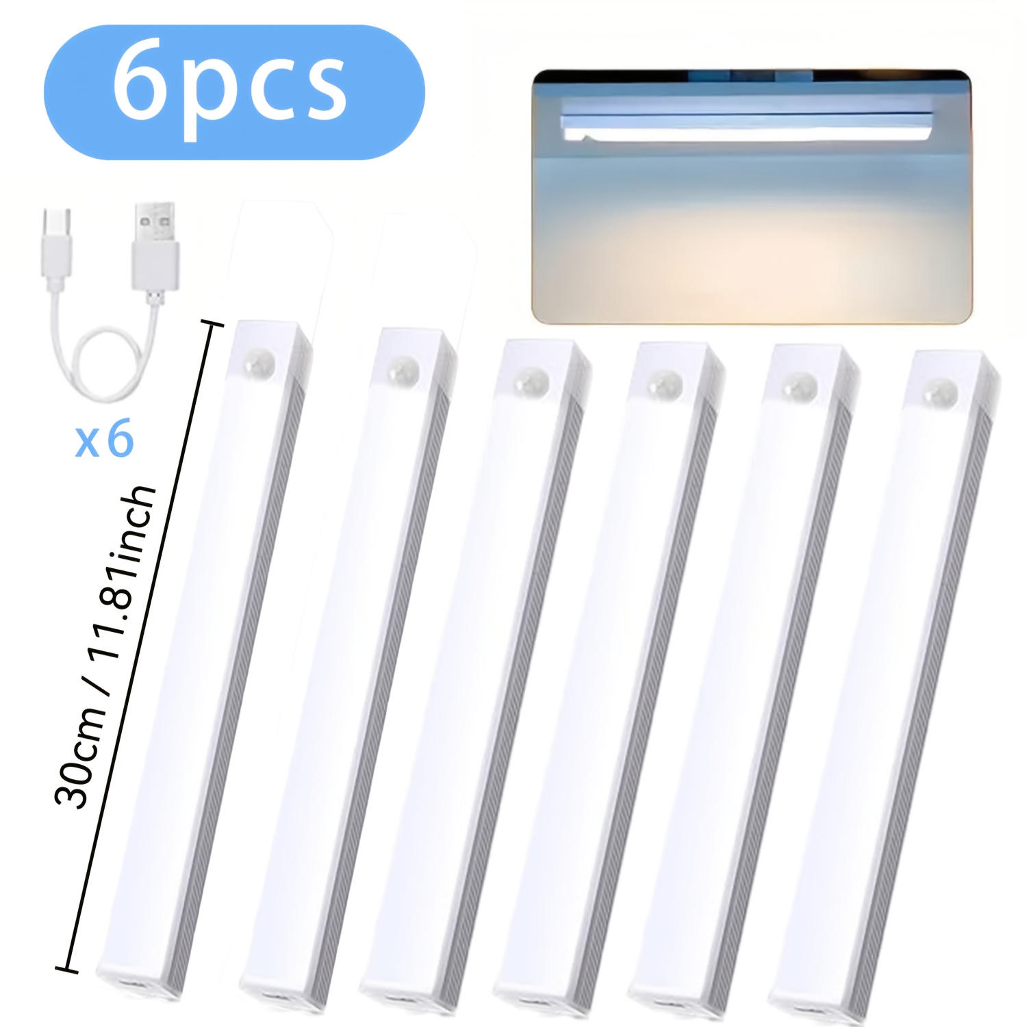 TEMU 6pcs, Usb-led Motion Sensor Light - Rechargeable, Closet Lighting, Led Sensor Closet Light, Usb Rechargeable Led Long Strip Light For Closet,