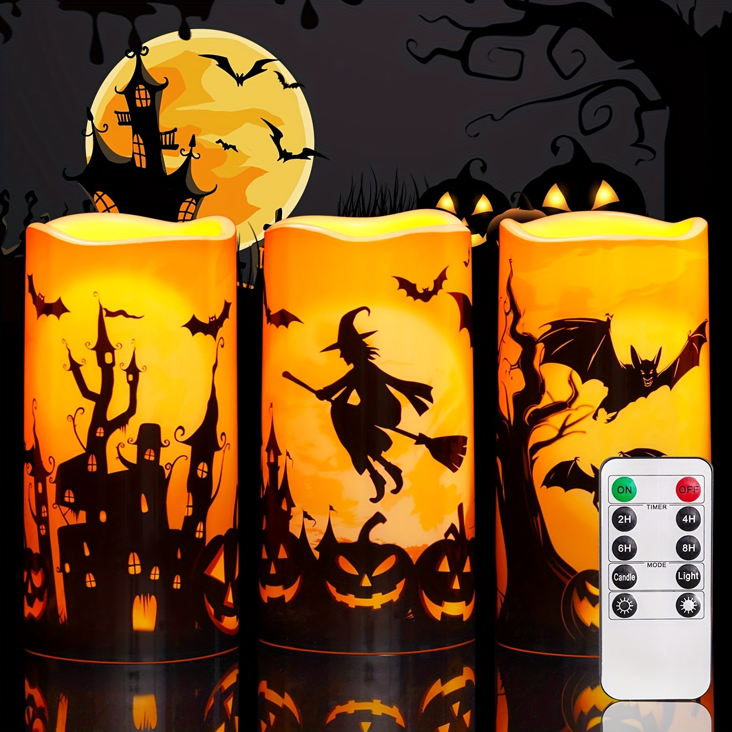 TEMU Halloween Candles, Orange Flameless Candles, Battery Operated Led Pillar Candles With Remote Timers For Halloween Decoration, Party Decoration,
