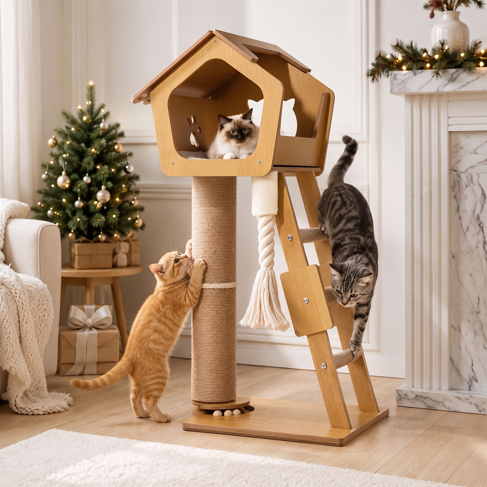 TEMU Arbre à chat de 1 mètre de haut avec panier, poteau épais porteur, corde épaisse en sisal résistante aux griffures, d'escalier d'escalade,