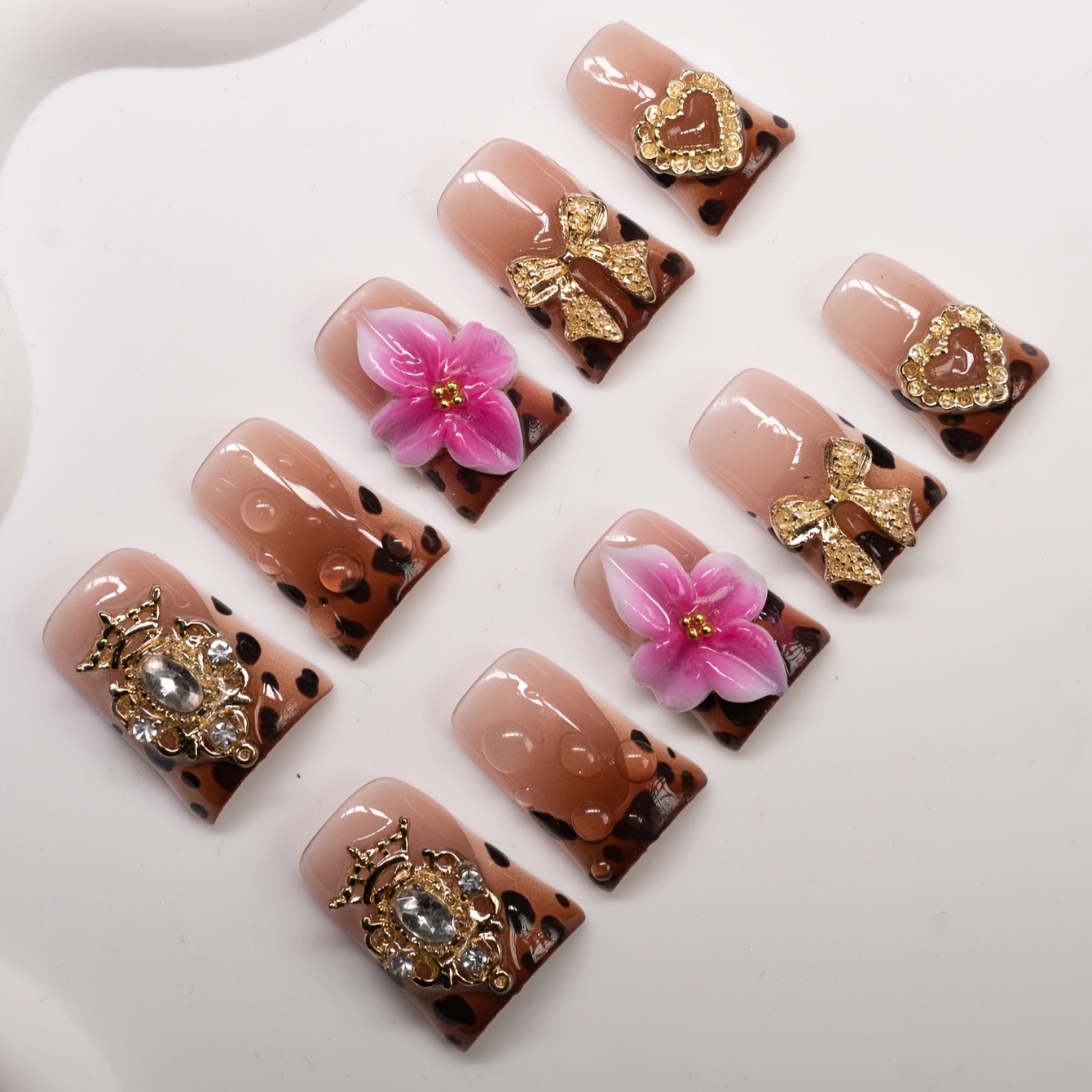 

Y2k-inspired Handcrafted Press-on Nails - Medium Duckbill Shape, Brown & Nude With French Tips, 3d Leopard Print, Rhinestones, Hearts & Bows - Glossy For Women & Girls, Parties & Casual Attire