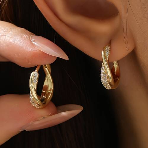 1 pair of elegant minimalist korean style interlocking hoop copper earrings with shiny synthetic synthetic zirconia suitable for womens daily and banquet occasions
