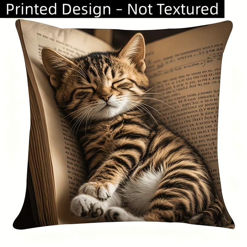 TEMU Housse de coussin à motif imprimé – Non texturée, 1 pièce, motif de chat dormant dans un livre, style vintage, lavable en machine, fermeture à