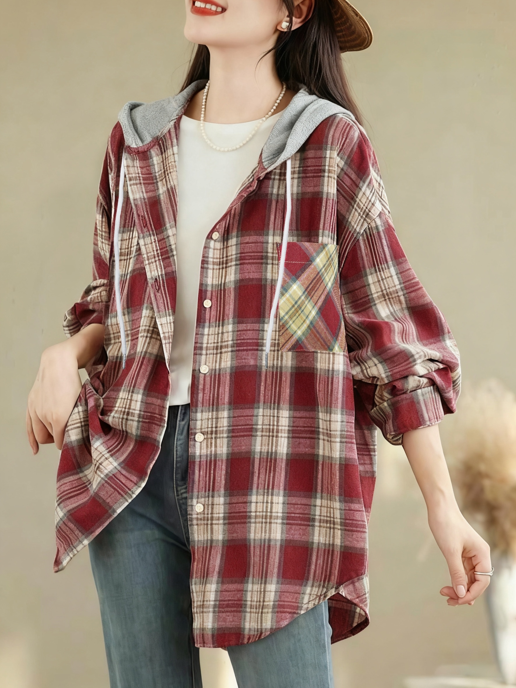 artikel foto dames casual geruit lange mouw hooded shirt,   twill geruit  , hooded design, open front button-up shirt, loose fit, perfect voor lente en herfst dagelijkse uitjes, outdoor casual