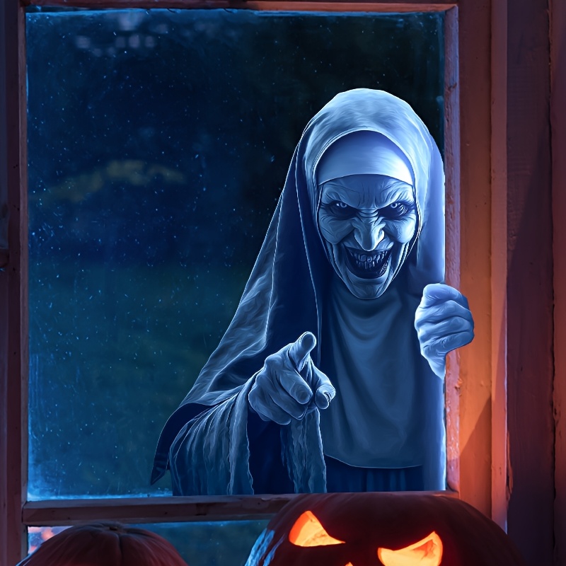 Spooky Zombie-themed Window Decals For Halloween, Featuring Removable And Vinyl Stickers. Realistic Designs Frightening Nuns, Ideal For Decorating Your For Home For The Spooky Season