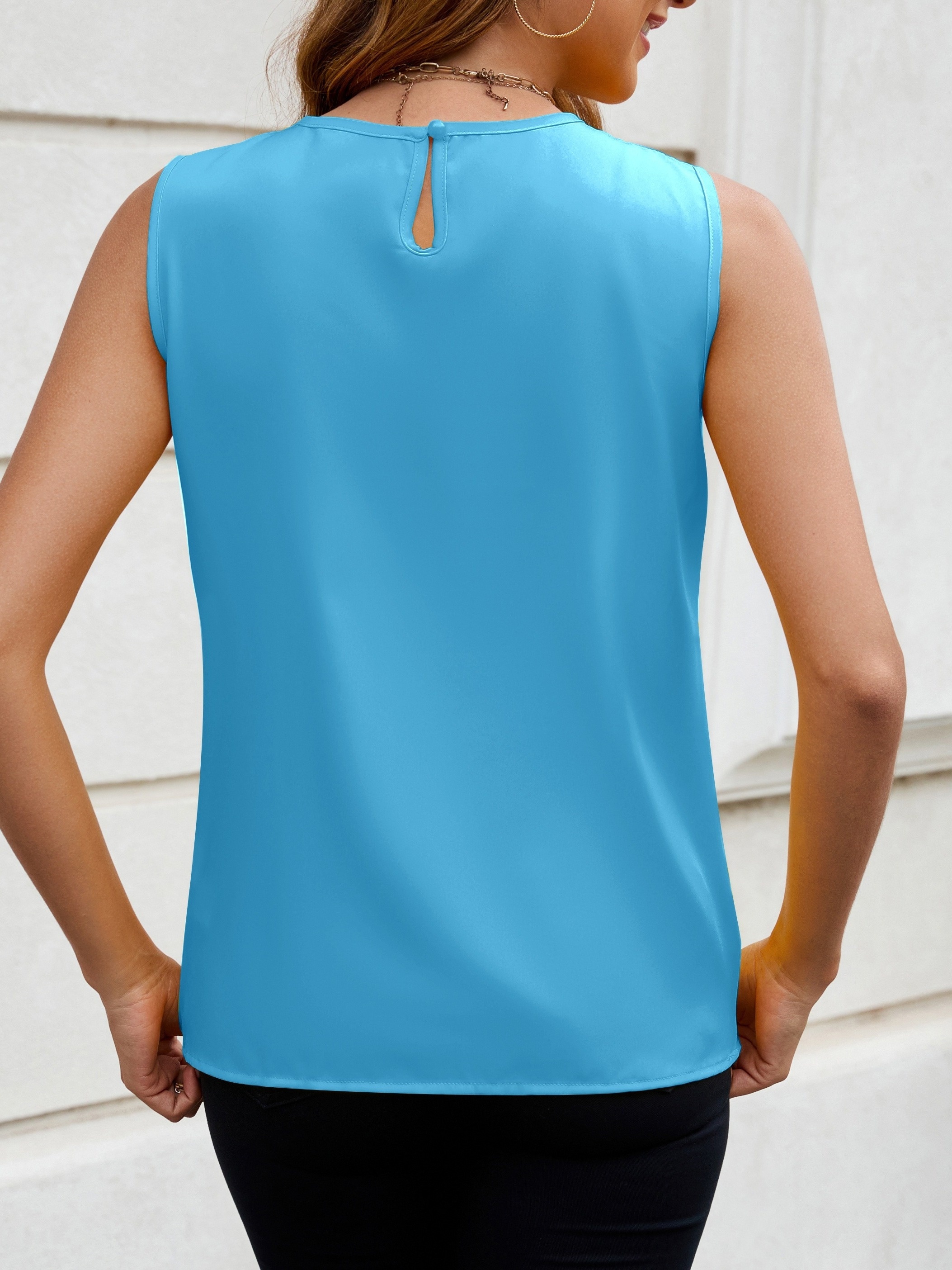 Women's Elegant Solid Color Sleeveless Blouse - Round Neck Button Front, Machine Washable Non-Stretch Fabric, All-Season Versatile Top for Casual & Formal Wear, Buttoned Front Top, Sophisticated Design