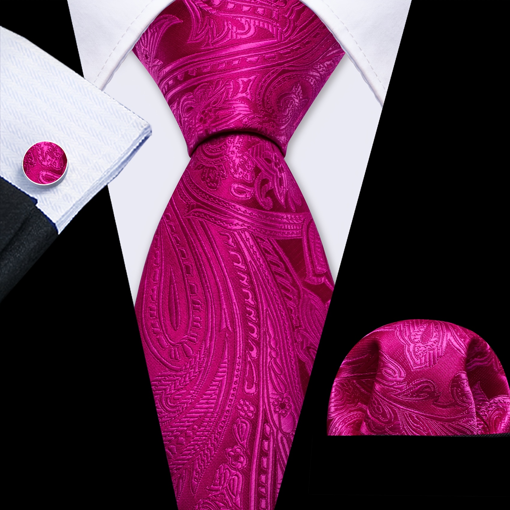Image of 3pcs Wedding Gift Set For Boyfriend And Father - Classic Men's Rose Red Paisley Tie, Pocket Square, And Cufflinks, High-quality Necktie Set For Weddings, Parties, Business Events, And Holiday Presents