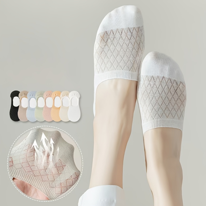 TEMU 8 Pairs Spring Summer Solid Color Invisible Socks, Breathable Silicone Heel Anti-slip Women's Comfortable Soft Warm Boat Socks