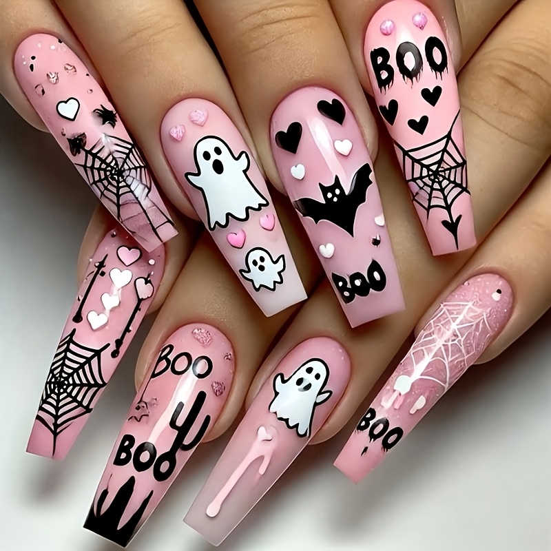 TEMU Lot de 24 faux ongles pressés Dark Gothic pour fêtes, ballerine de longueur moyenne avec finition brillante, aile de chauve-souris et toile