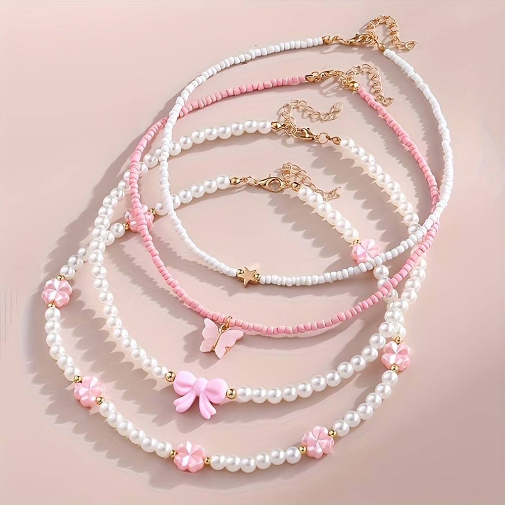 E-shop 4 Stück Niedliche Schmetterlings-Anhänger Acryl Perlen Verstellbare Halsketten Set, Rosa Schmuck als Geschenk für BFF auf Partys, Geburtstage,