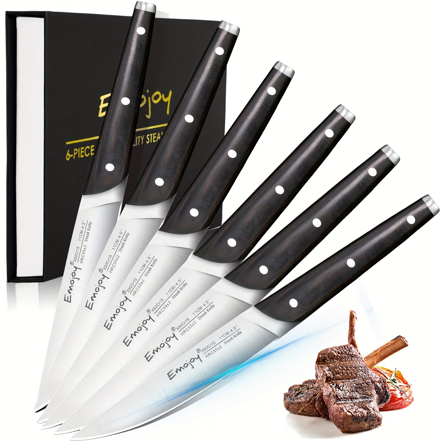 

6-piece Steak Knife Set, Emojoy Brand, High-quality German Stainless Steel, Fashionable Pakkawood Full Tang Handle, Triple Rivet Polymer Design, Durable And Sharp For Cutting & Slicing