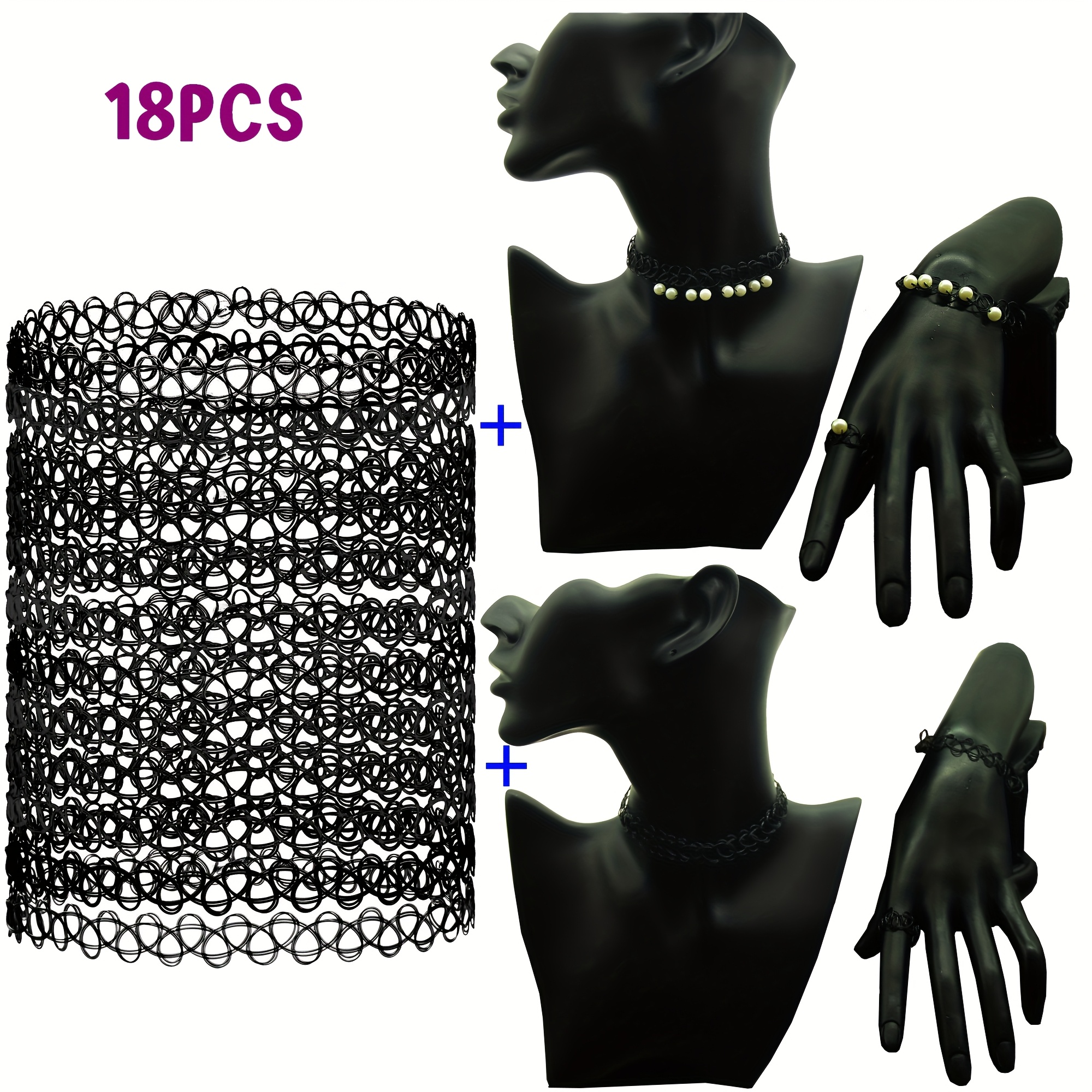 Collane Tattoo Elasticizzate Nere - Set 12 Pezzi Per Look Rock E Trendy