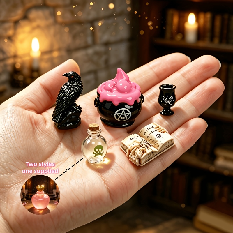 TEMU 5pcs Mini Dark Magic Cauldron Set - 1:12 Scale Miniature Book, Magic Cup, Magic Bottle, Suitable For Dollhouse Decoration, Adult Micro-scene