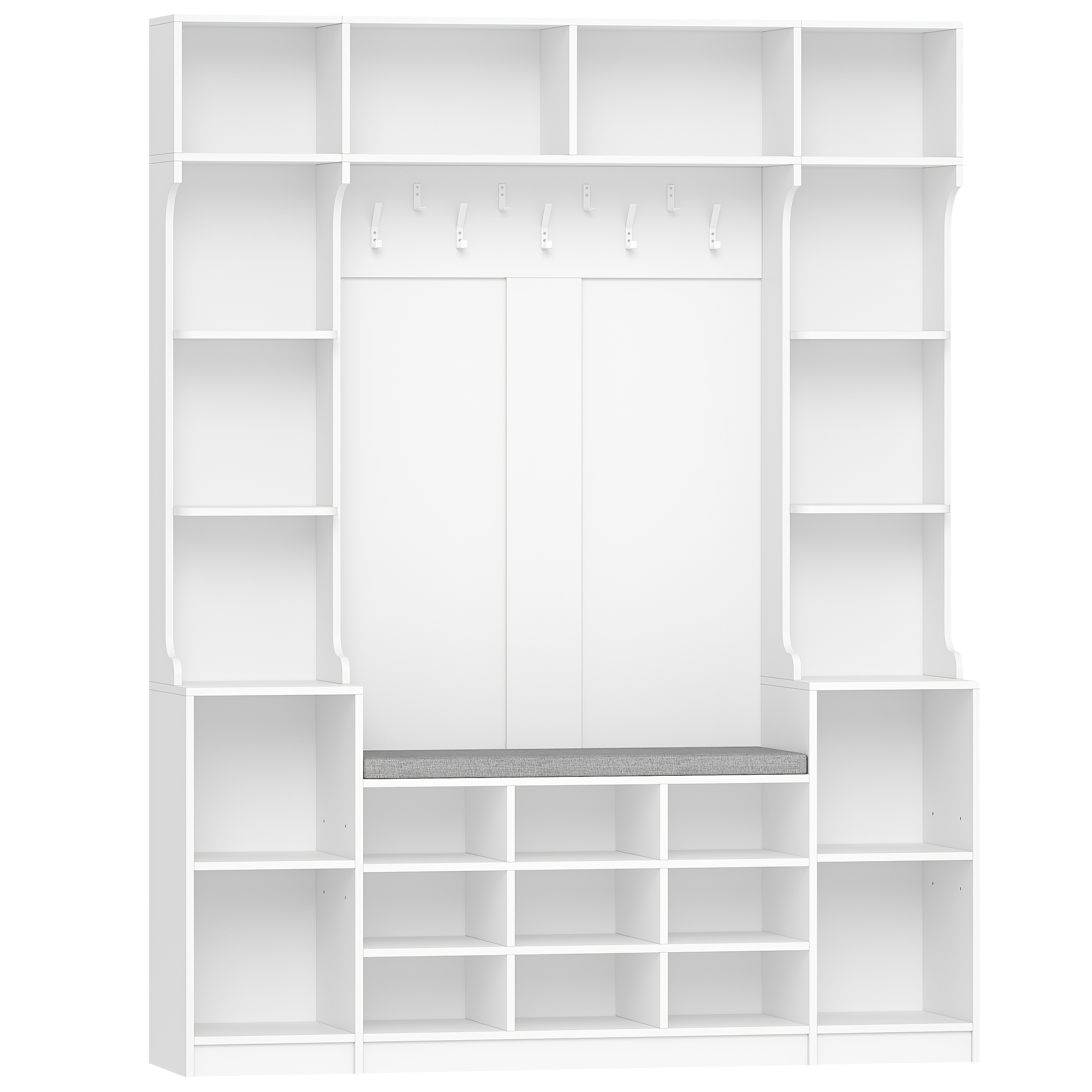 Hall Tree With Shoes Bench And Shoe Storage, Coat Rack With 9 Hooks And 23 Open Storage Compartments, Adjustable Shelves, For , Entrance , White
