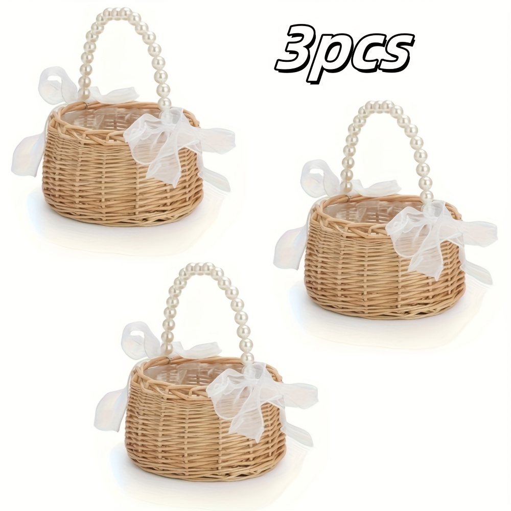 Set Of 3 Woven Rattan Baskets For Weddings, Featuring Handle And Bow, Perfect For Fairy-themed Events And Easter Celebrations