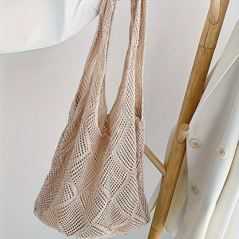 

1pc Beige Knitted Shoulder Bag, 2024 Trendy Artistic Tote, Minimalist Daily Use Handbag