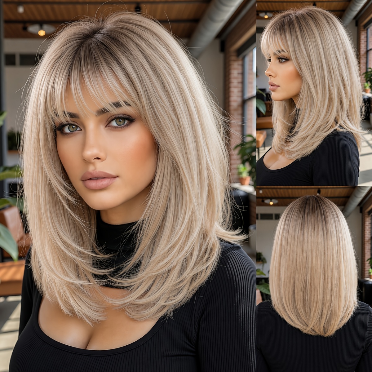 TEMU 14-inch Ombre Platinum Blonde Dark Root Women's Wig, Short Straight Bob With Bangs, Heat-resistant Synthetic Fiber, Fashionable Trend, Suitable
