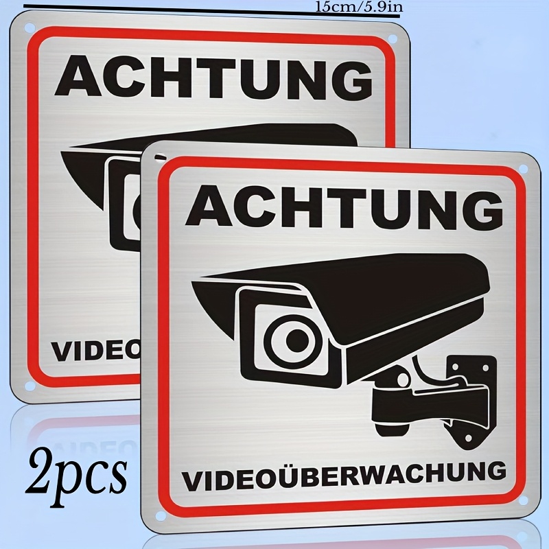 Image of German Video Surveillance Signs, Set Of 2, 15 X 15 Cm, Signs, Caution, Camera Surveillance Sign