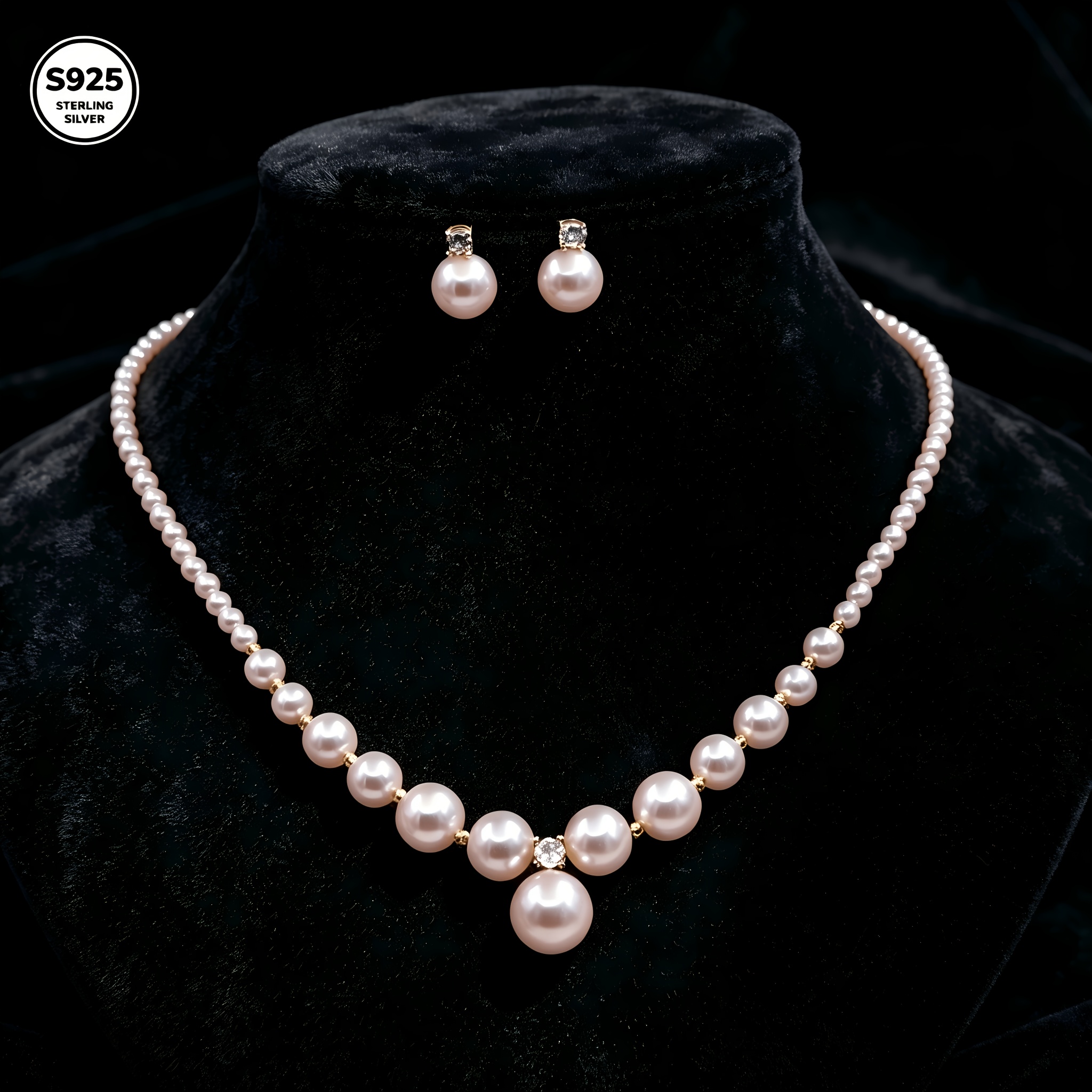 TEMU 925 Silvery Pink Pearl Jewelry Set, Graduated Round Pearl Necklace And Stud Earrings 2pcs Classic Fashion Jewelry, Gift For Valentine's Day