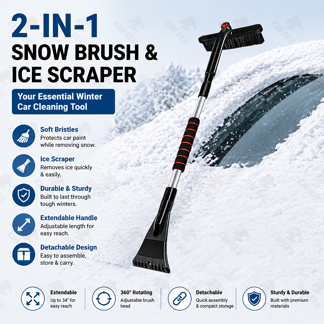 TEMU Grattoir à glace et pelle à neige 2-en-1 pour voiture, grattoir à glace amovible pour pare-brise avec tige télescopique en métal, outil de