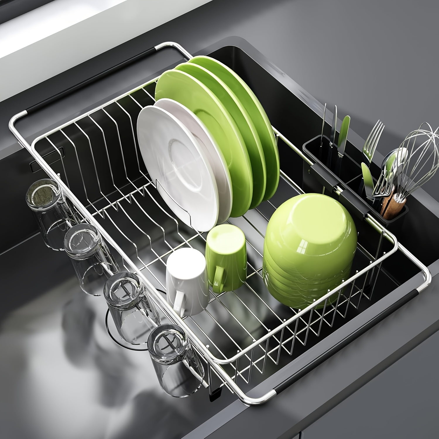 TEMU Stainless Steel Expandable Dish Drying Rack For Kitchen Sink And Countertop, Dish Organizer With Utensil Holder