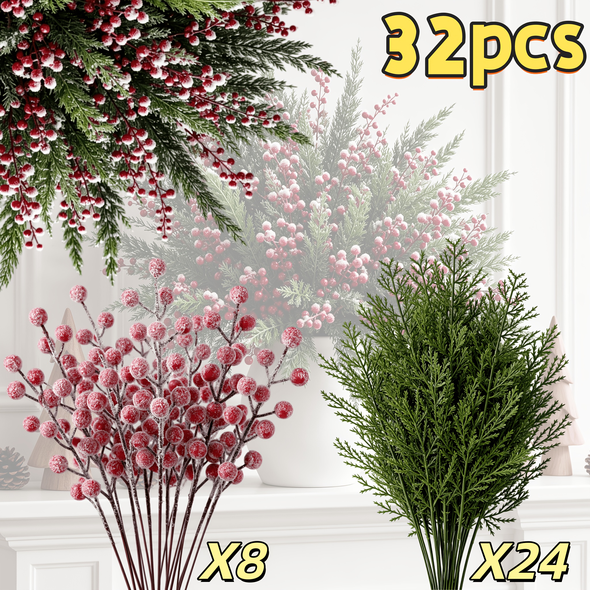 TEMU 32pcs Artificial Pine Branches With Snowflakes And Red Berries, Suitable For Home Decor, Room Decor, Bedroom Decor, Living Room Decor, Fireplace