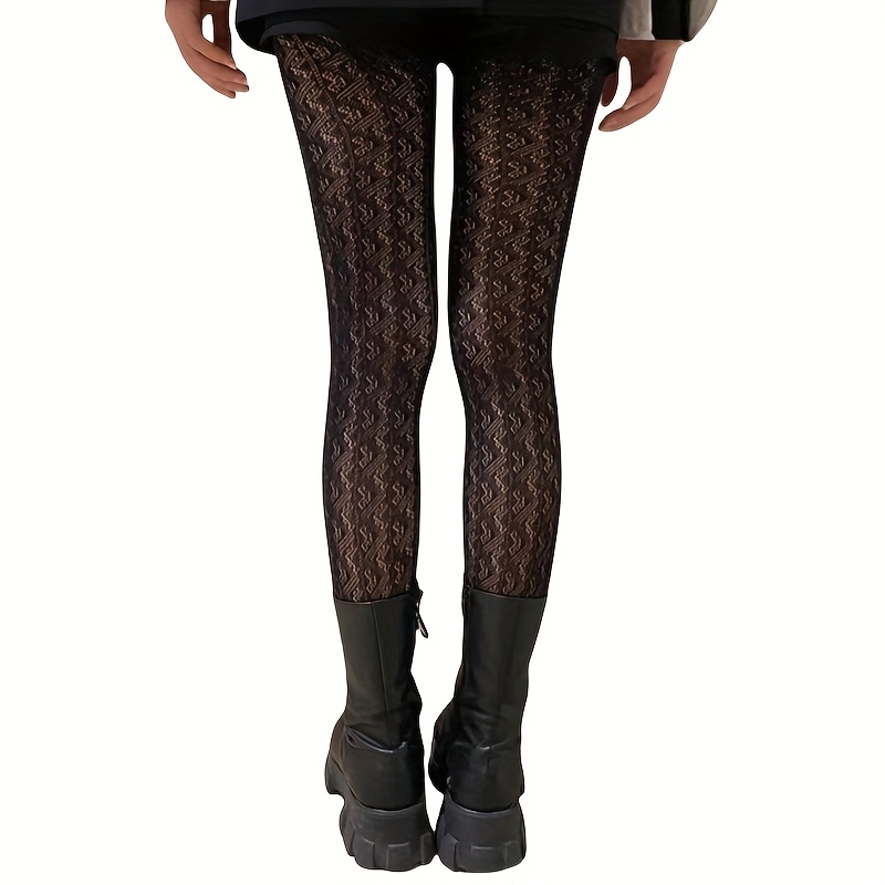 

1 Pair Chic High-waist With Intricate Geometric Patterns - Stretchy Nylon , Hand-washable, Fashion- Outfits, Leggings|edgy Legwear|knitted Texture