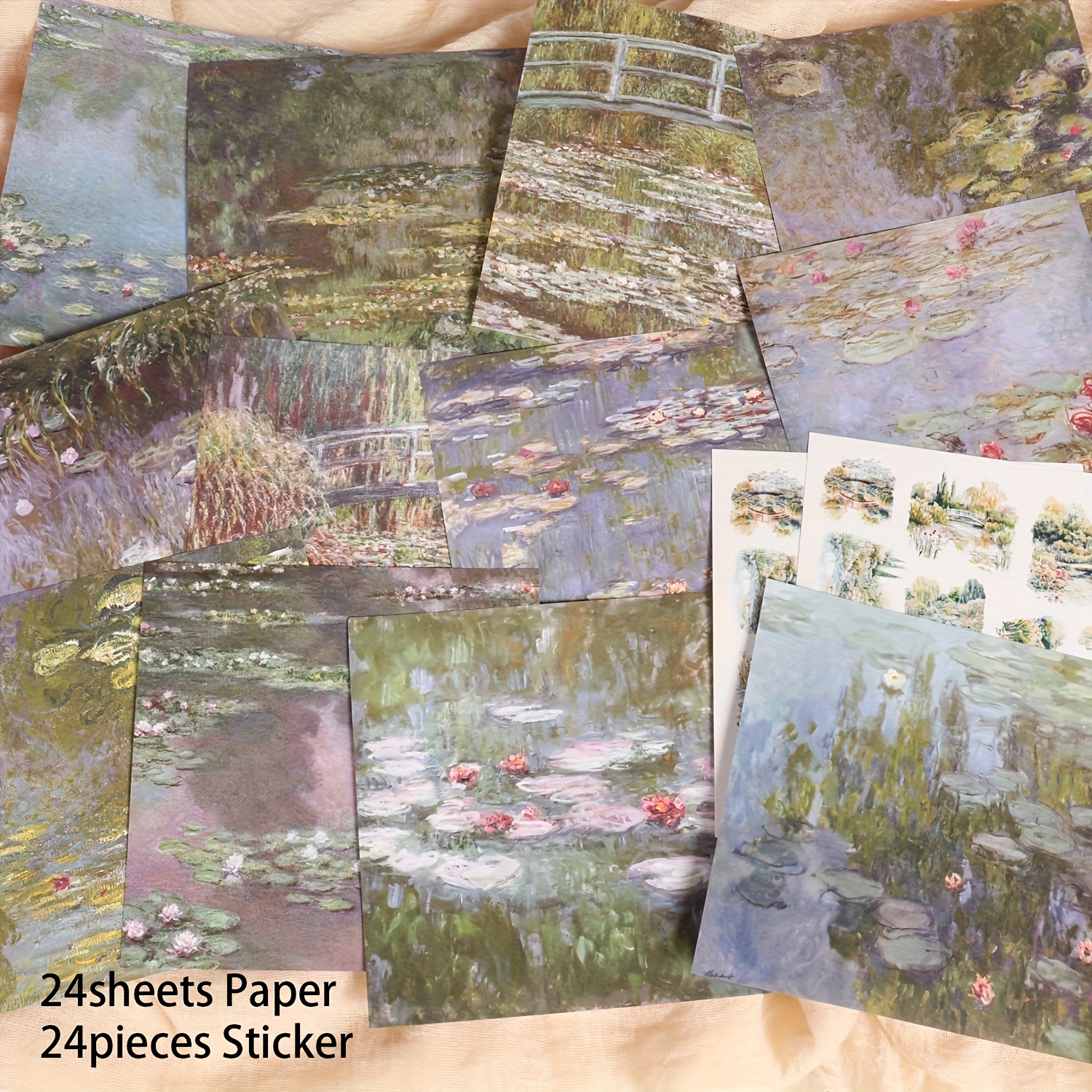 E-shop 2D Flach 48 Stück (24 Blöcke + 24 Aufkleber) -inspiriertes Impressionisten-Ölgemälde DIY Dekoratives Hintergrundpapierblock, für Kunsthandwerk,
