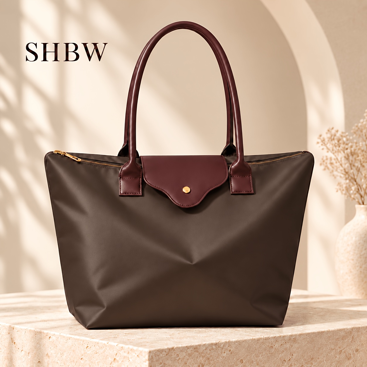 TEMU Bolso Tote Marrón Café SHBW con Correas Largas de , Solapa Frontal y Cierre de Cremallera, Cuerpo con y Ribete Marrón , de Botón en Tono Dorado,