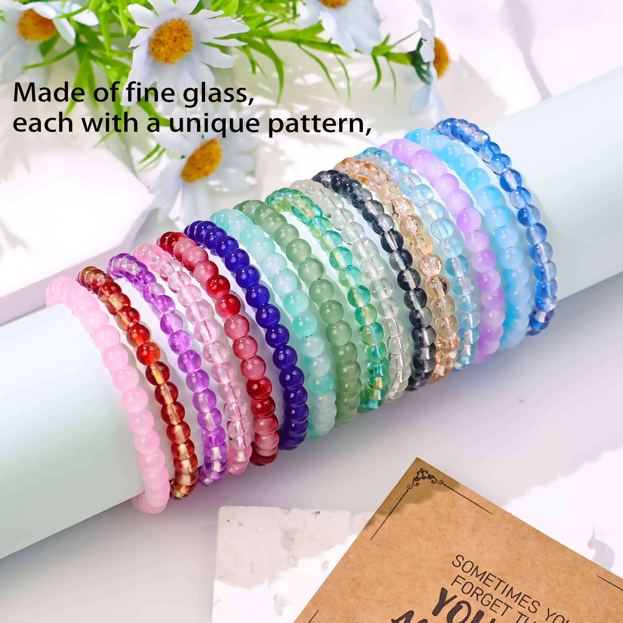 16pcs Exquisite Elastic Glass Bracelets with Inspiring Blessing Cards