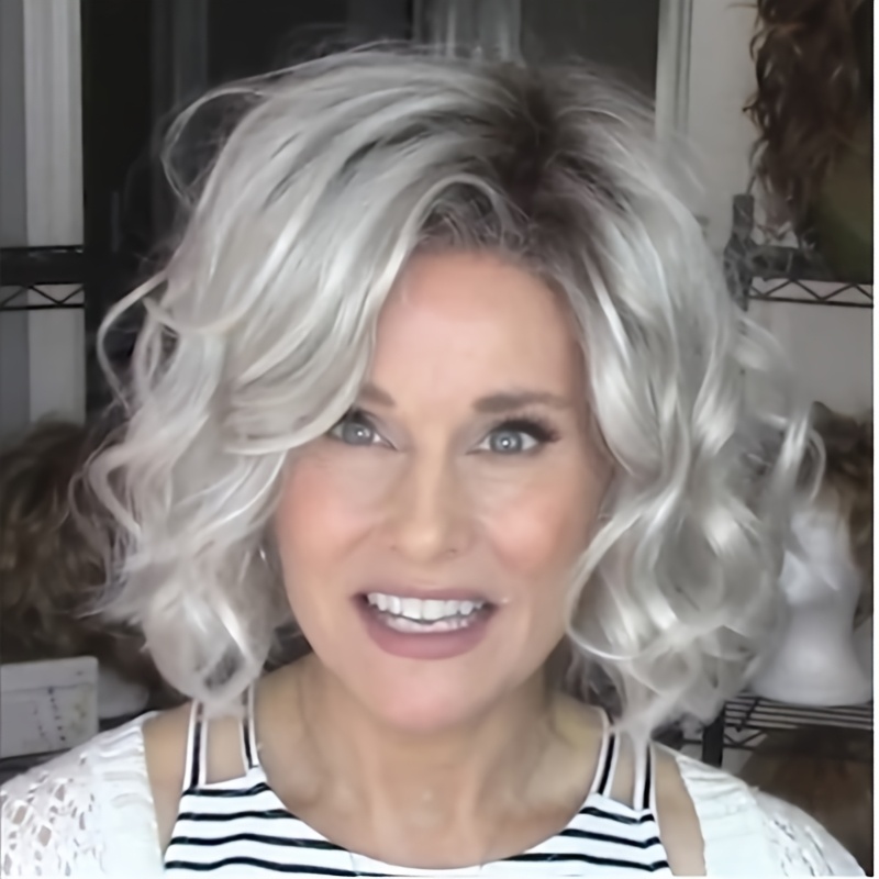 

Elegant Silvery Grey Curly Wig With Black For Women - Soft, Wave Style, Heat Resistant Synthetic Fiber, & Parties