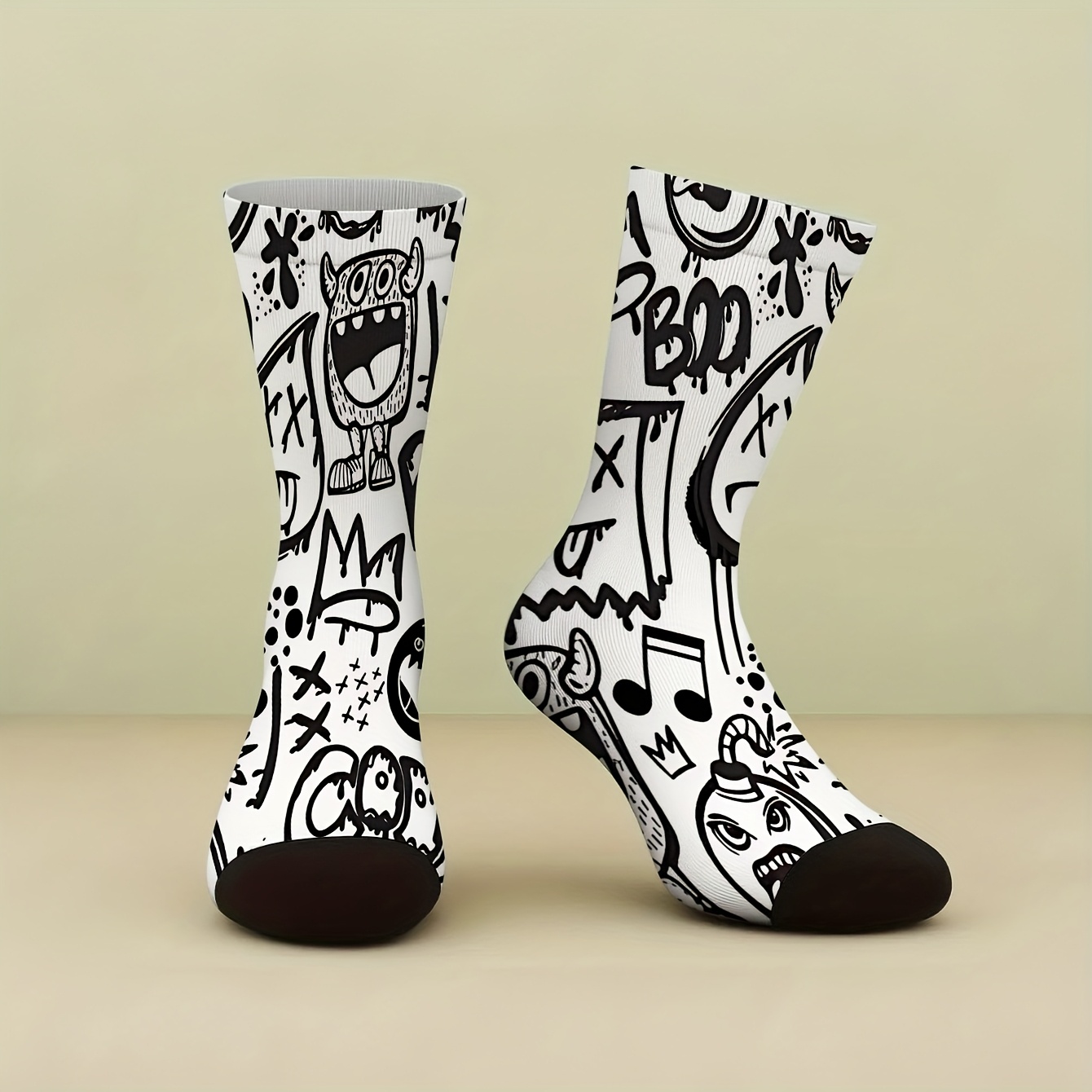 TEMU 1 Pair Black And White Graffiti Socks, Creative Compression Socks, Funky And Stylish Men And Women Socks, Perfect For Holiday Gifts, Cute And