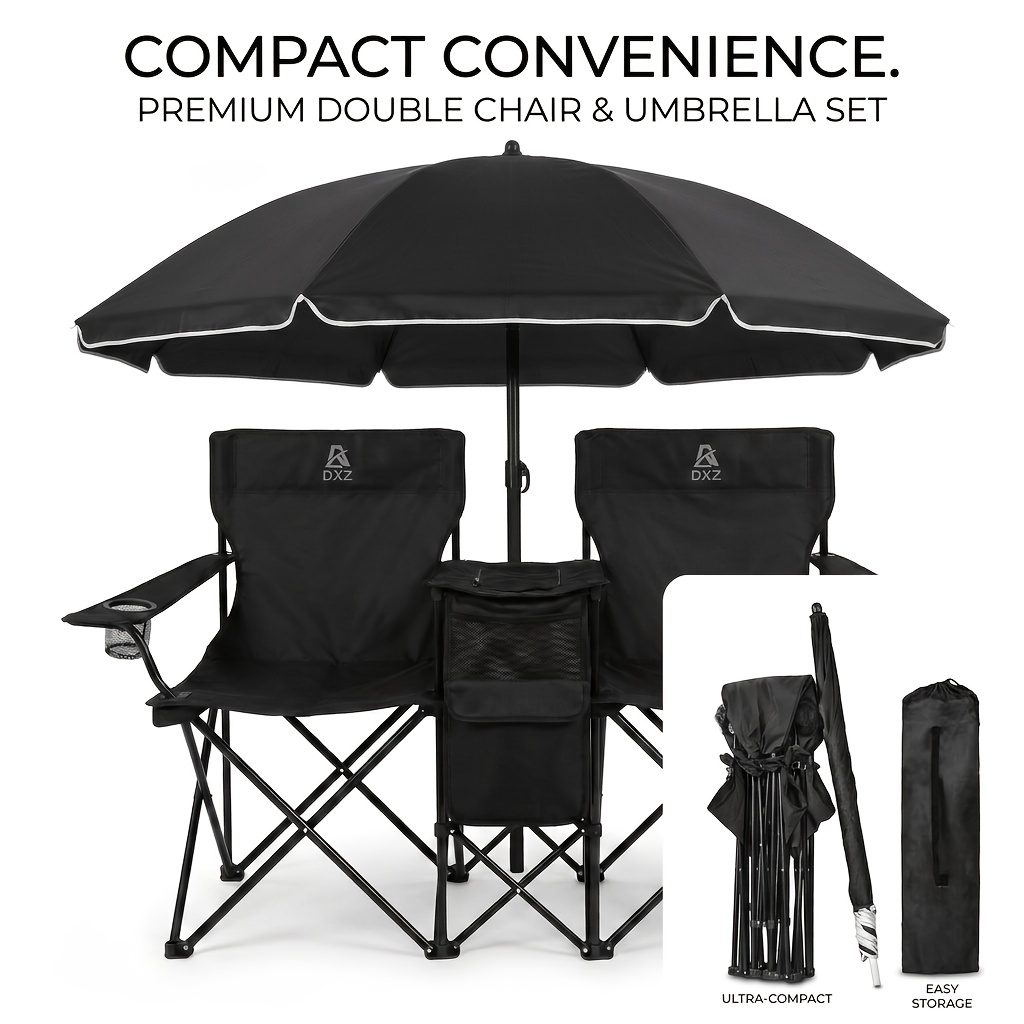 TEMU Dxz Two-seat Folding Camping Chair With Sun Umbrella, Portable Chair With Cooler Storage & Cup Holders, Foldable Lawn Chair For Beach, Pool,