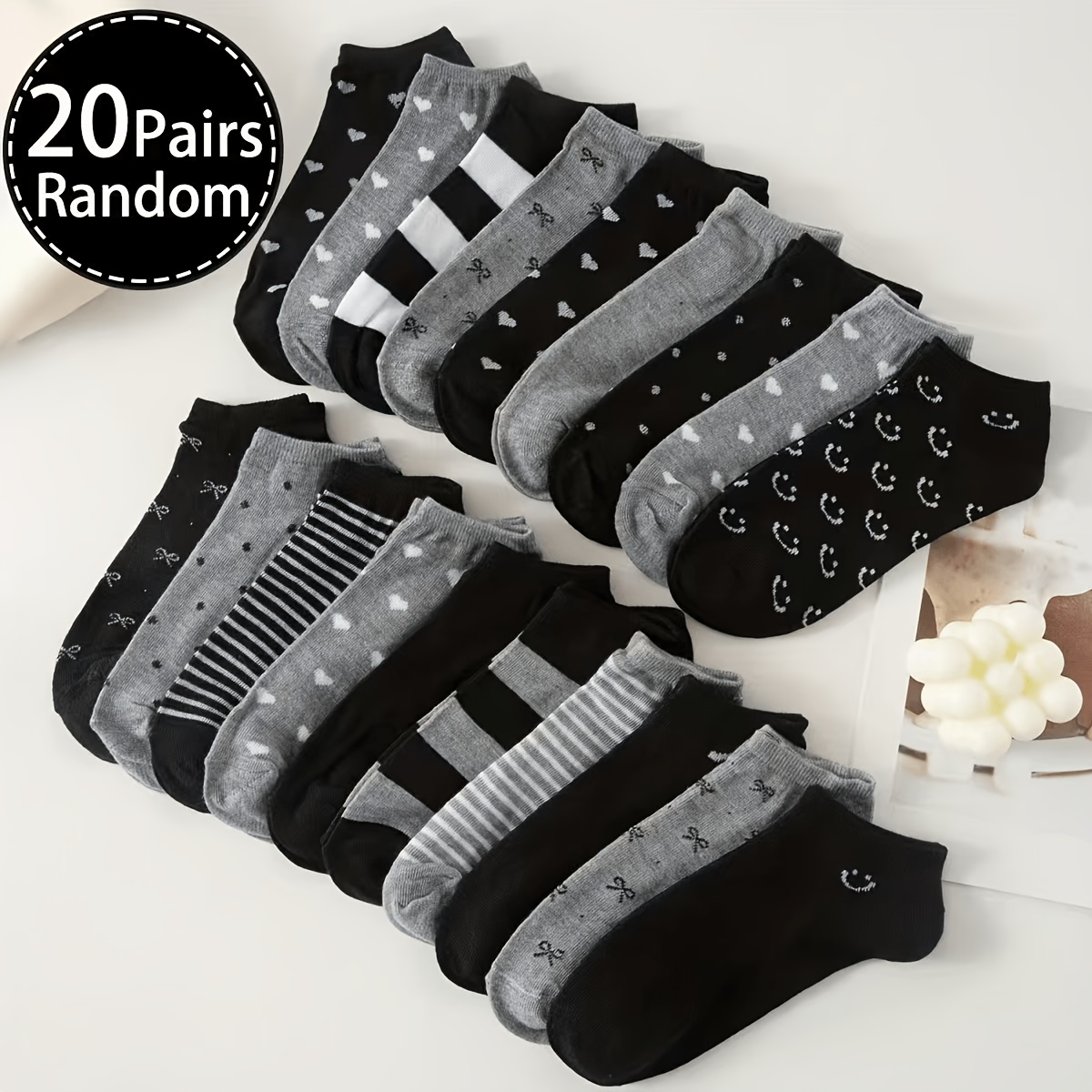 TEMU 10/20 Pairs Women's Short Crew Socks, Black Gray Casual Low-cut Socks, /bow/stripe Print Invisible Socks, Breathable Daily Versatile Socks,