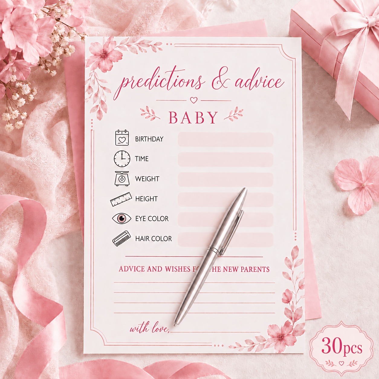TEMU 30pcs/50pcs Cards Suitable For Shower Party Decorations - Gender Reveal Prediction Sheets With & Growth Predictions For Keepsake, Shower Games,