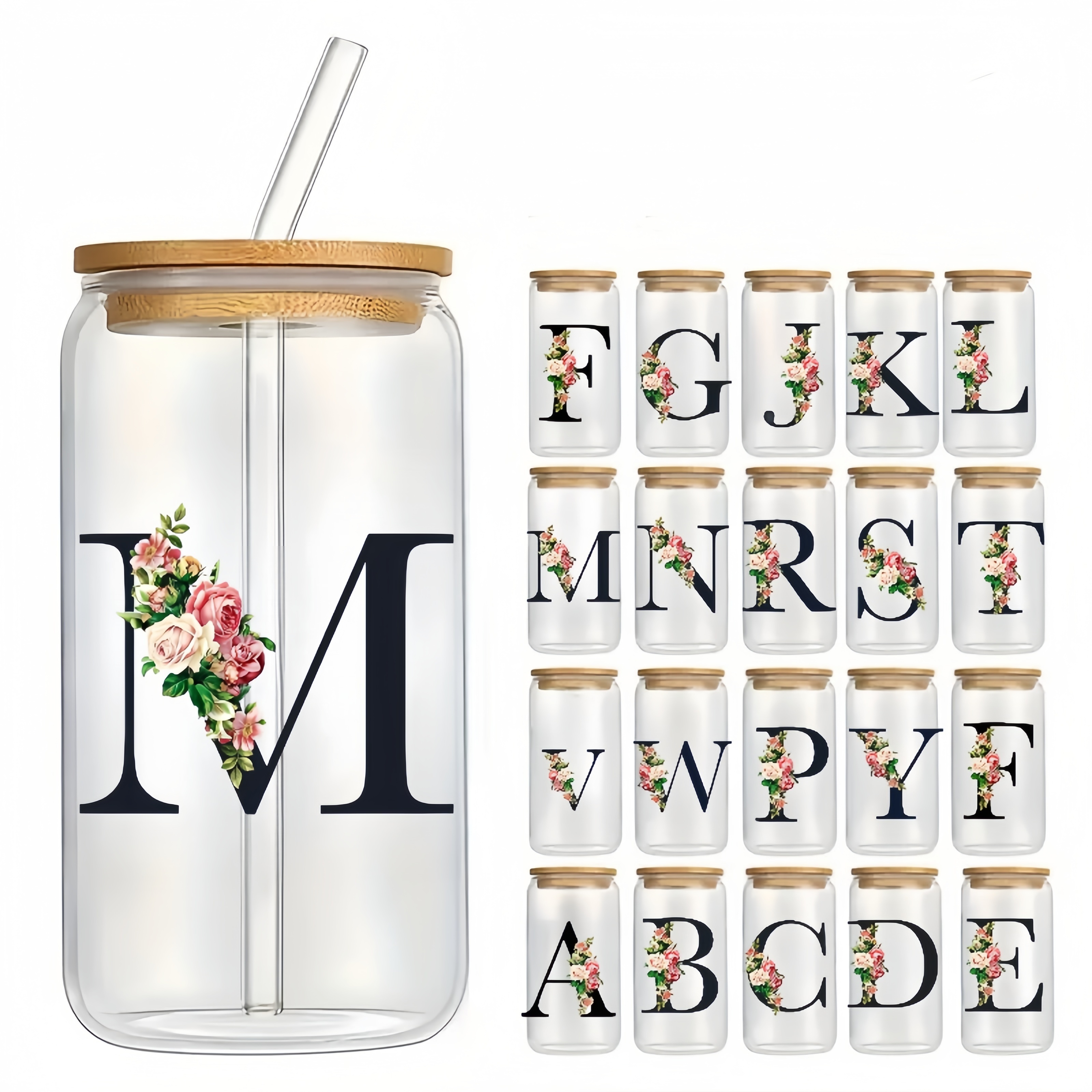 

1pc Alphabet Flowers Drinking Glass For Women Birthday Gifts For Women, Friends, Girls - Initial Gifts For Her - 16 Oz Coffee Glass With Bamboo Lid And Straw, Birthday Gifts For Women, Mom