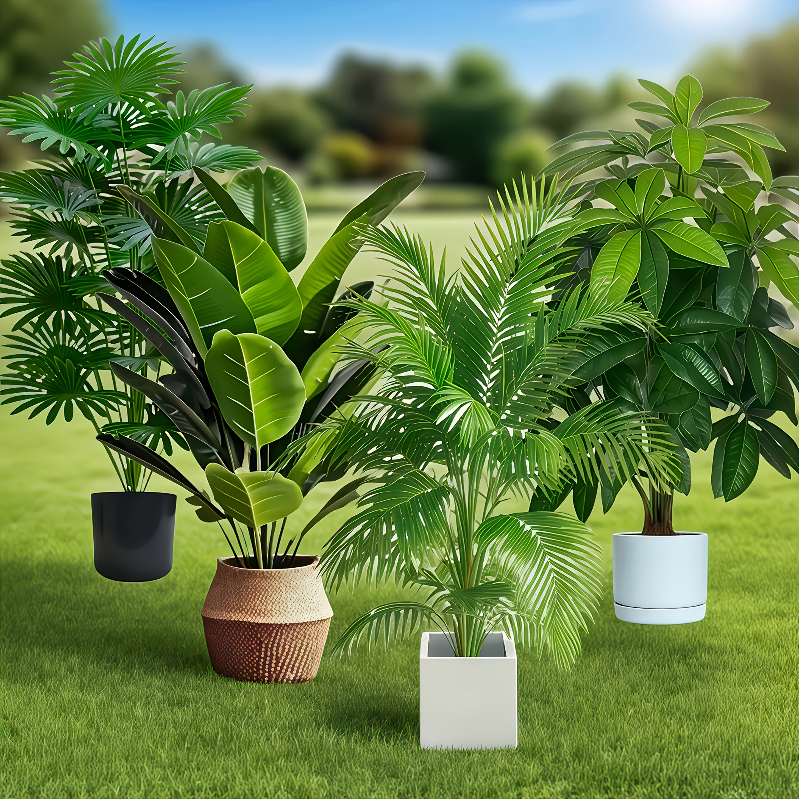 4pcs, Includes 48 Large Leaf Artificial Plants - Lush Fortune Tree and Palm Bird of Paradise Plant, Suitable for Outdoor Use - Maintenance-Free Wide-Leaf Tropical Decorative Trees, Year-Round Indoor/Outdoor Potted Plants, Wedding, Hotel, Garden.