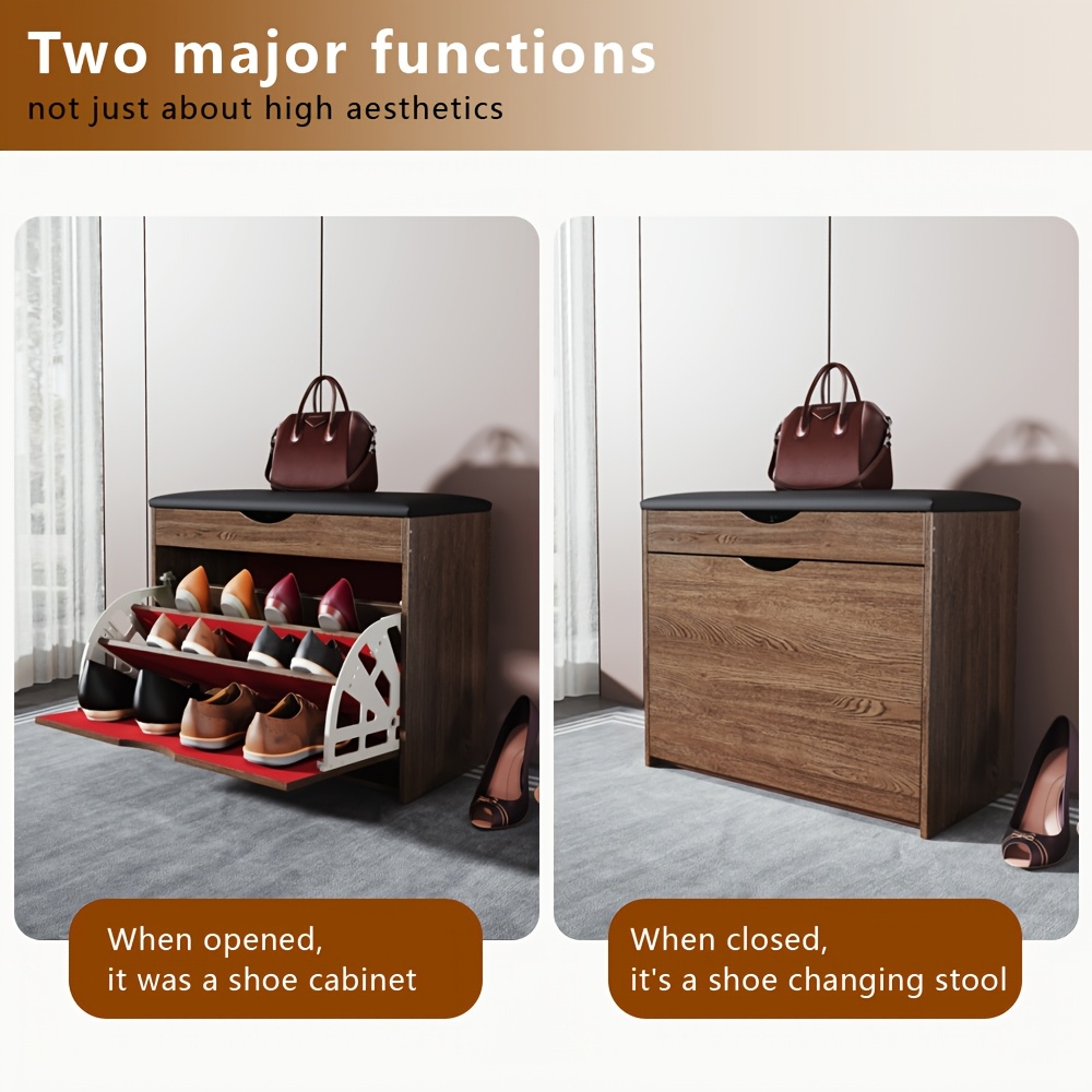 TEMU 23.62 Inch Shoe Cabinet, Integrated Multifunctional Shoe Cabinet For , Bedroom, And , With 3 Storage Space, Leather Soft Bag Cushion, Convenient