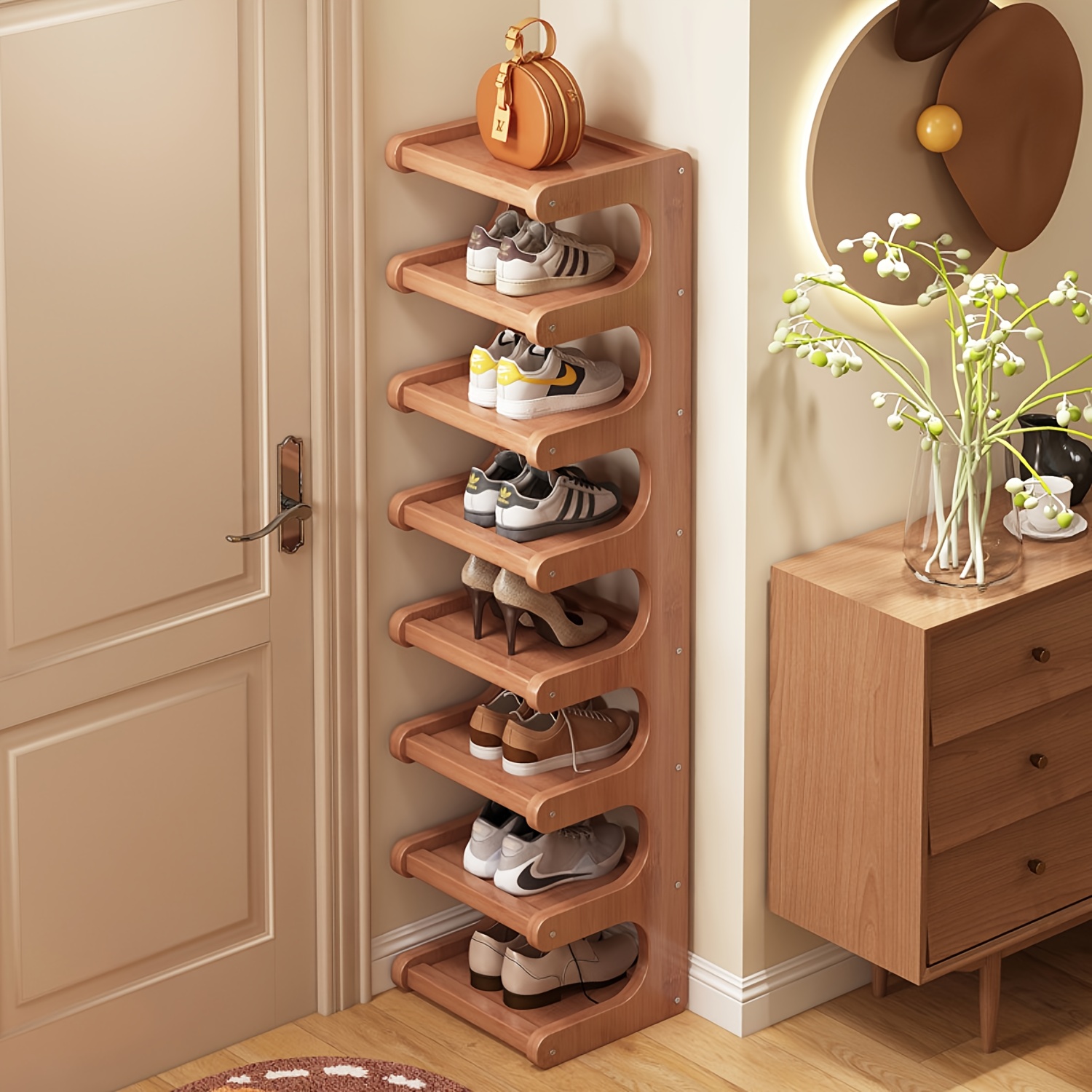 item picture A Compact 5-Tier/7-Tier/8-Tier Shoe Rack Designed for Corner Spaces In Homes, Dorms, Or Rental Properties, Maximizing Storage Efficiency. These Shoe Cabinets Fit Well In Various Types Of Rooms